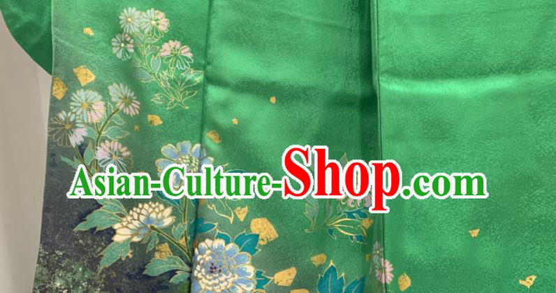 Japan Classical Daisy Pattern Furisode Kimono Clothing Wedding Garment Costume Traditional Bride Green Yukata Dress