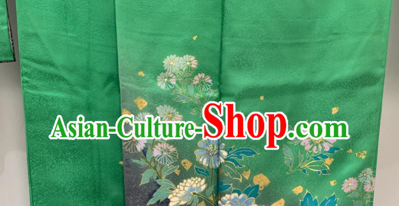 Japan Classical Daisy Pattern Furisode Kimono Clothing Wedding Garment Costume Traditional Bride Green Yukata Dress