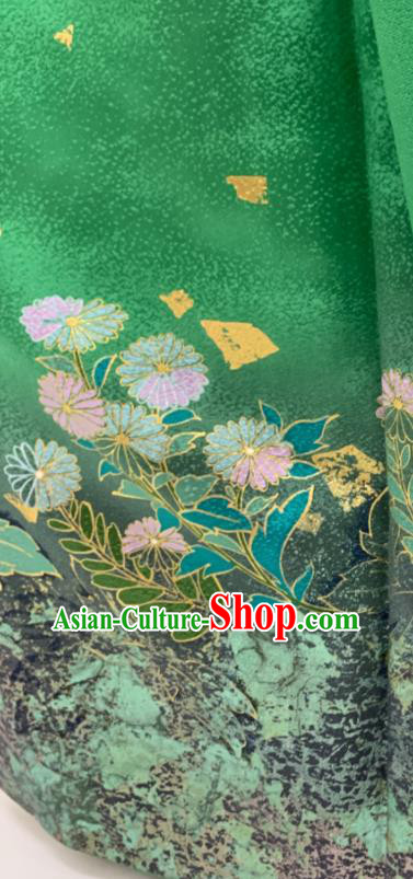Japan Classical Daisy Pattern Furisode Kimono Clothing Wedding Garment Costume Traditional Bride Green Yukata Dress