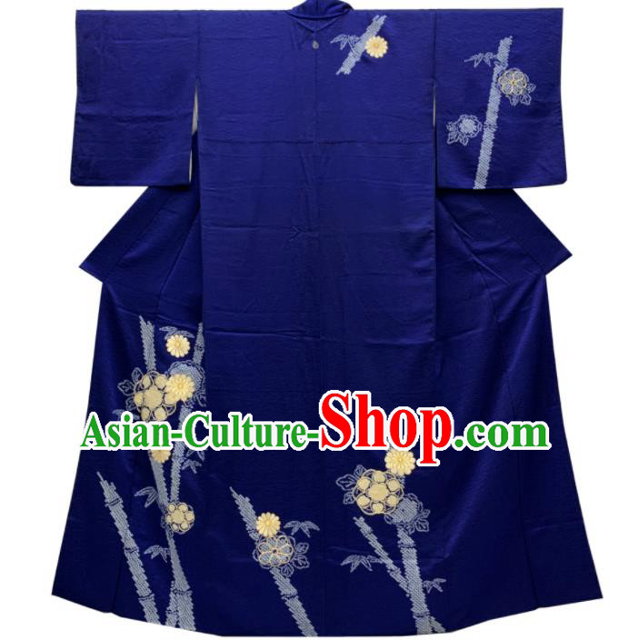 Japan Traditional Deep Blue Yukata Dress Classical Chrysanthemum Pattern Tsukesage Kimono Clothing Elderly Woman Garment Costume