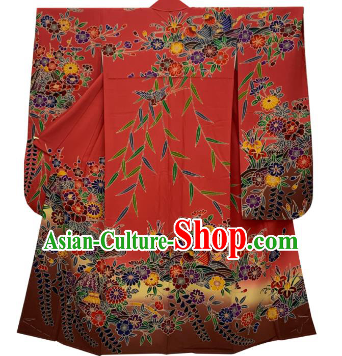 Japan Classical Flowers Pattern Furisode Kimono Clothing Wedding Bride Garment Costume Traditional Red Yukata Dress
