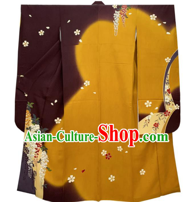 Japan Traditional Court Yukata Dress Classical Wisteria Pattern Furisode Kimono Clothing Wedding Bride Garment Costume