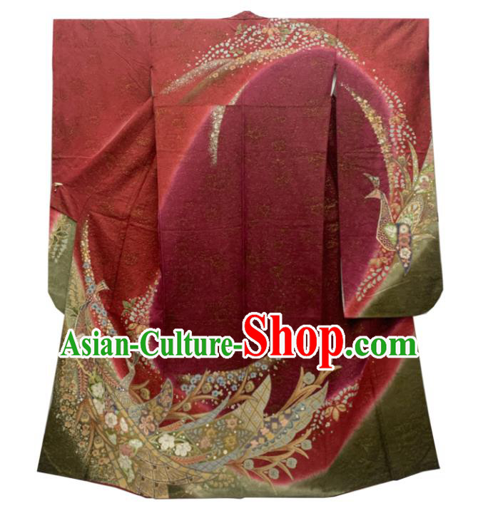 Japan Wedding Bride Garment Costume Traditional Court Wine Red Yukata Dress Classical Peacock Pattern Furisode Kimono Clothing