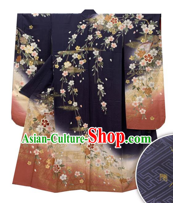 Japan Classical Flowers Pattern Furisode Kimono Clothing Wedding Bride Garment Costume Traditional Geisha Performance Navy Yukata Dress