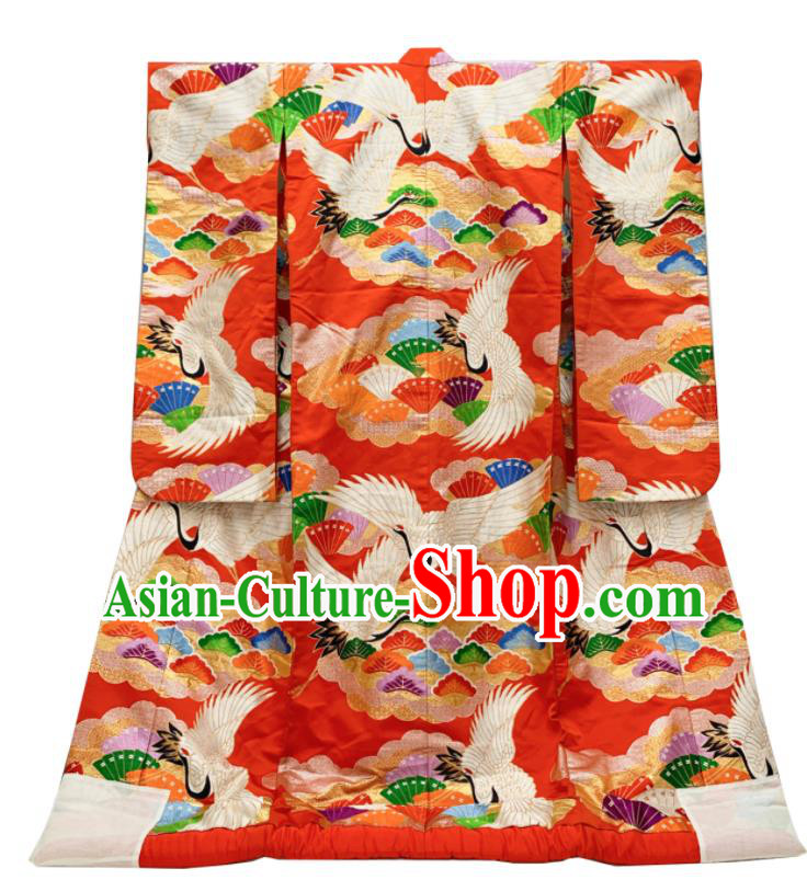 Japan Wedding Bride Garment Costume Traditional Court Empress Yukata Dress Classical Cranes Pattern Red Uchikake Kimono Clothing