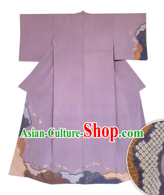 Japan Classical Flowers Pattern Kimono Clothing Wedding Bride Homongi Garment Costume Traditional Lilac Yukata Dress