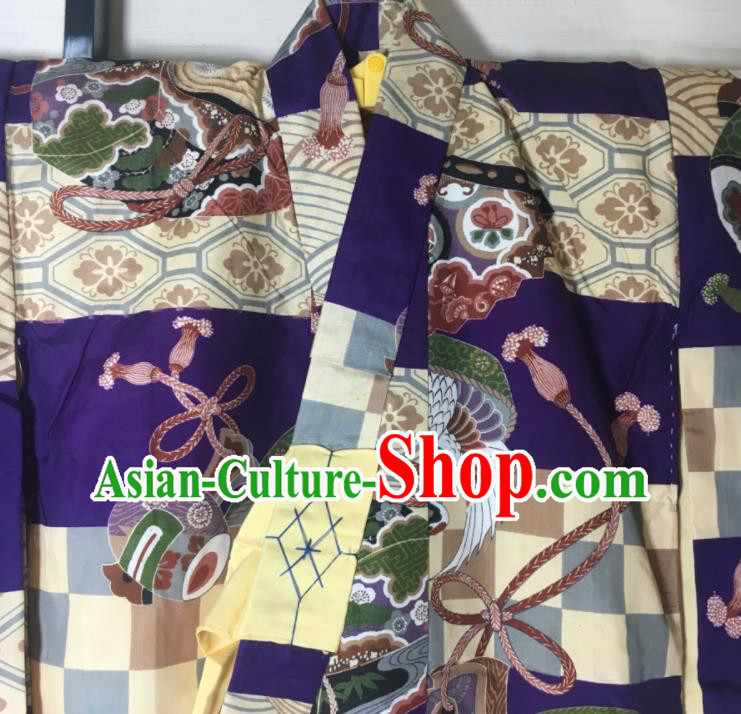 Japan Ancient Warrior Clothing Boys Kimono Costume Traditional Cranes Pattern Purple Yukata Robe