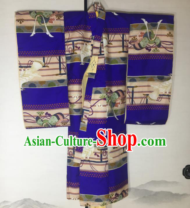 Japan Ancient Warrior Clothing Boys Kimono Costume Traditional Cranes Pattern Purple Yukata Robe