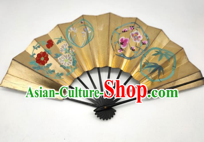 Japanese Traditional Geisha Dance Folding Fan Stage Performance Accordion Handmade Printing Plum Orchids Bamboo Chrysanthemum Fan