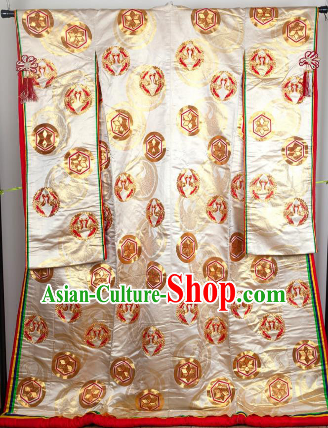 Japan Classical Cranes Pattern Uchikake Kimono Clothing Wedding Bride Embroidered Garment Costume Traditional Court Empress Golden Yukata Dress
