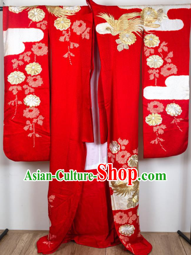 Japan Traditional Court Empress Red Yukata Dress Classical Birds Pattern Furisode Kimono Clothing Wedding Bride Embroidered Garment Costume