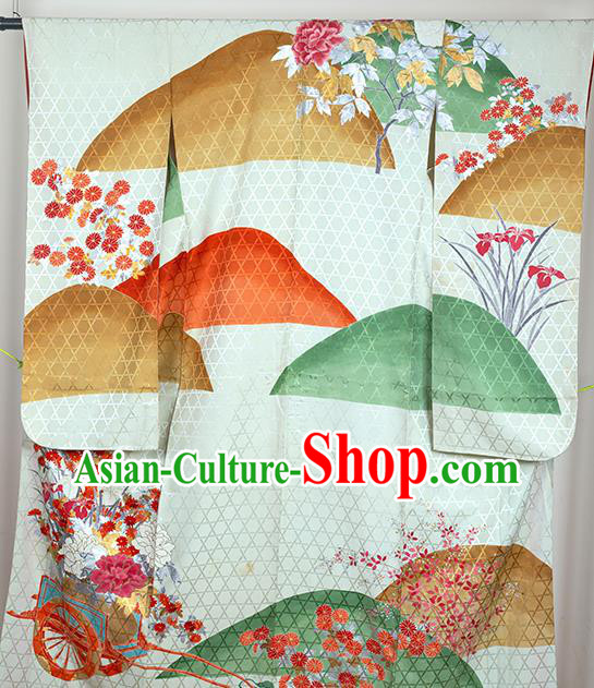 Japan Traditional Printing Silk Yukata Dress Classical Peony Pattern Furisode Kimono Clothing Court Woman Garment Costume