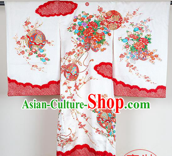 Japan Festival Girl Kimono Costume Traditional Hydrangea Pattern White Yukata Dress Ancient Princess Clothing