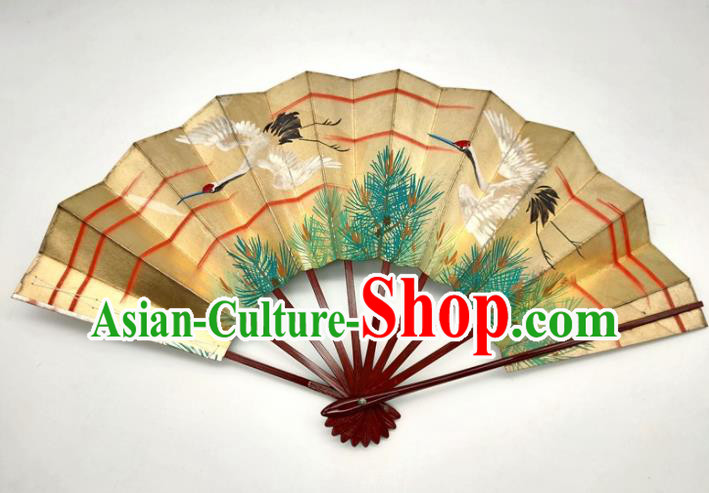 Japanese Traditional Geisha Performance Golden Folding Fan Classical Dance Accordion Handmade Printing Crane Pine Fan