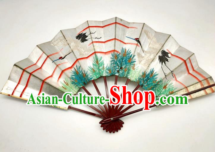Japanese Handmade Printing Crane Pine Fan Traditional Geisha Performance Argent Folding Fan Classical Dance Accordion
