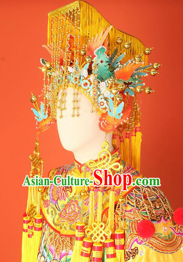 Handmade China Ancient Goddess Hair Crown Opera Queen Golden Phoenix Coronet Traditional Empress Tassel Hat