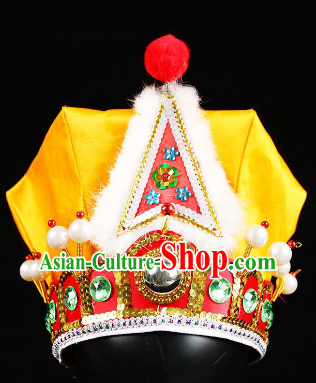Chinese Beijing Opera Wusheng Yellow Hat Handmade Opera Swordsman Wu Song Headdress Peking Opera Warrior Headwear