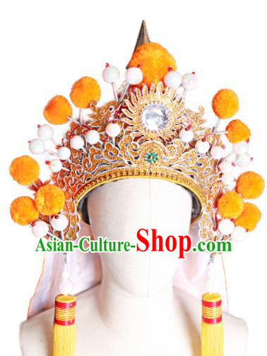 Chinese Peking Opera Wusheng Headwear Beijing Opera General Yellow Hat Handmade Opera Swordsman Helmet Headdress