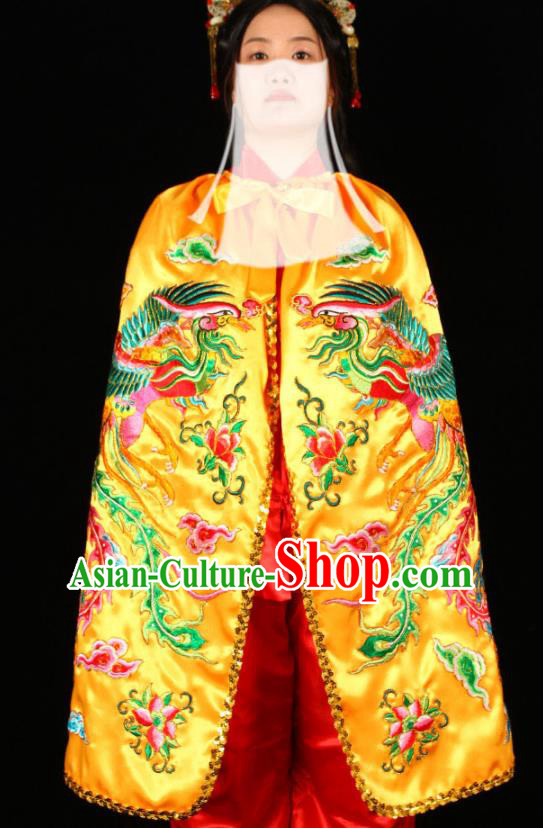 Chinese Traditional Cosplay Goddess Embroidered Yellow Cape Beijing Opera Swordswoman Garment Costume Peking Opera Actress Mantle