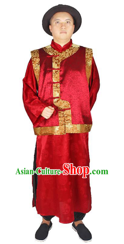China Performance Costumes Qing Dynasty Male Clothing Traditional Wedding Red Mandarin Jacket and Robe Outfits