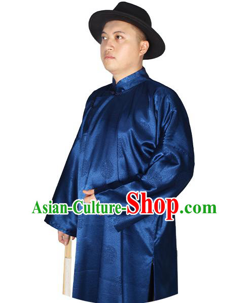China Ancient Bridegroom Costume Minguo Male Clothing Traditional Wedding Navy Long Robe