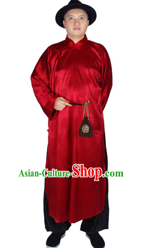 China Traditional Wedding Red Long Robe Ancient Bridegroom Costume Minguo Male Clothing
