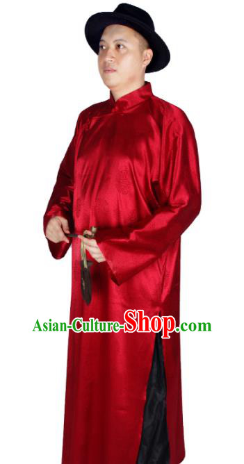 China Traditional Wedding Red Long Robe Ancient Bridegroom Costume Minguo Male Clothing