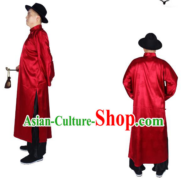 China Traditional Wedding Red Long Robe Ancient Bridegroom Costume Minguo Male Clothing