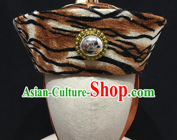 Chinese Handmade Opera Warrior Headdress Ancient Huntsman Headwear Beijing Opera Wusheng Leopard Hat