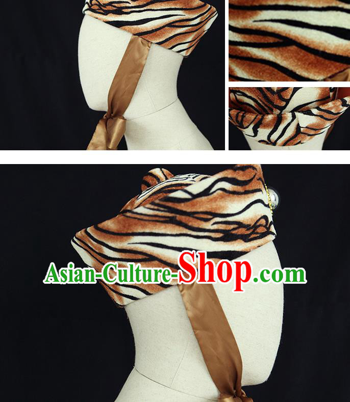 Chinese Handmade Opera Warrior Headdress Ancient Huntsman Headwear Beijing Opera Wusheng Leopard Hat