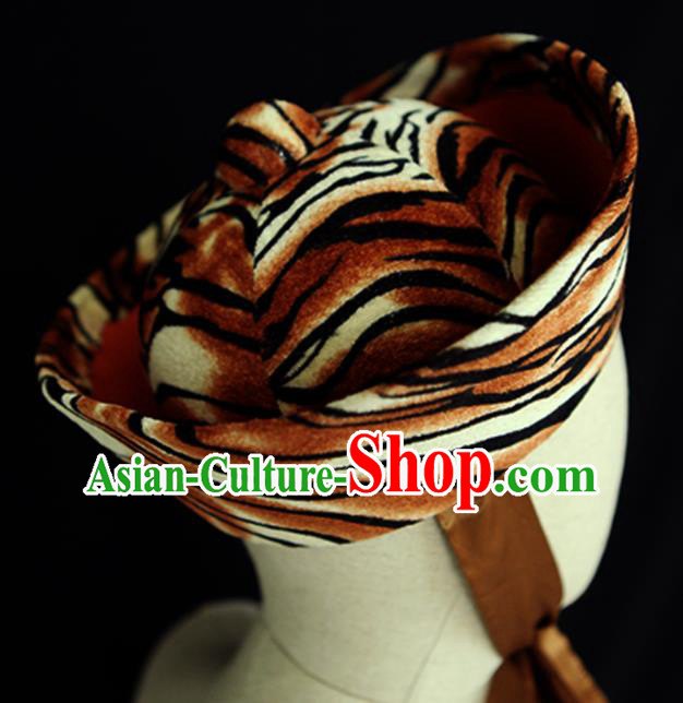 Chinese Handmade Opera Warrior Headdress Ancient Huntsman Headwear Beijing Opera Wusheng Leopard Hat