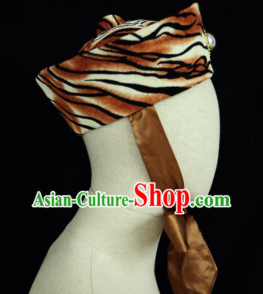Chinese Handmade Opera Warrior Headdress Ancient Huntsman Headwear Beijing Opera Wusheng Leopard Hat