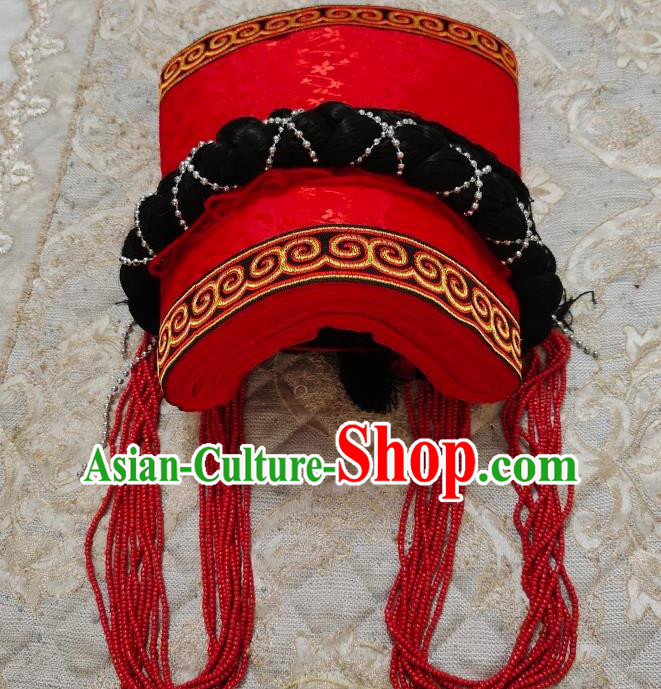 China Handmade Minority Hat Liangshan Ethnic Group Folk Dance Headdress Yi Nationality Woman Red Tile Headwear