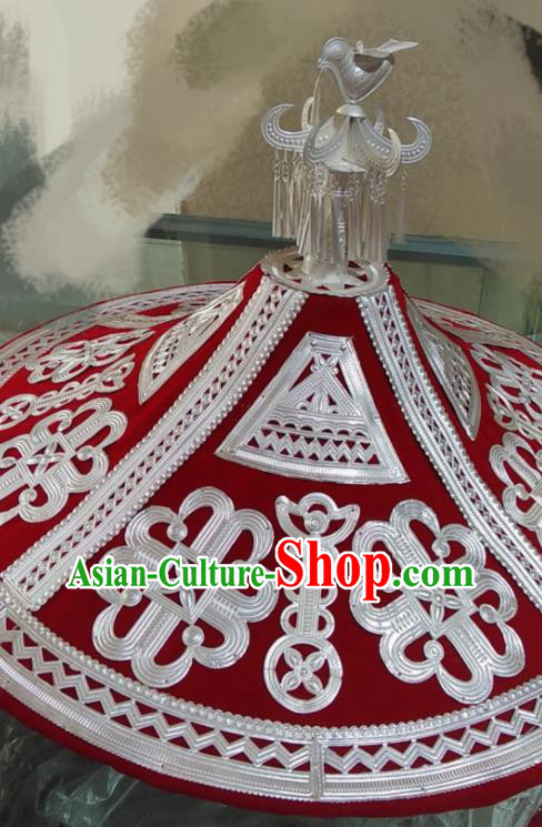 China Yi Nationality Woman Headwear Handmade Minority Bamboo Hat Liangshan Ethnic Group Folk Dance Silver Headdress
