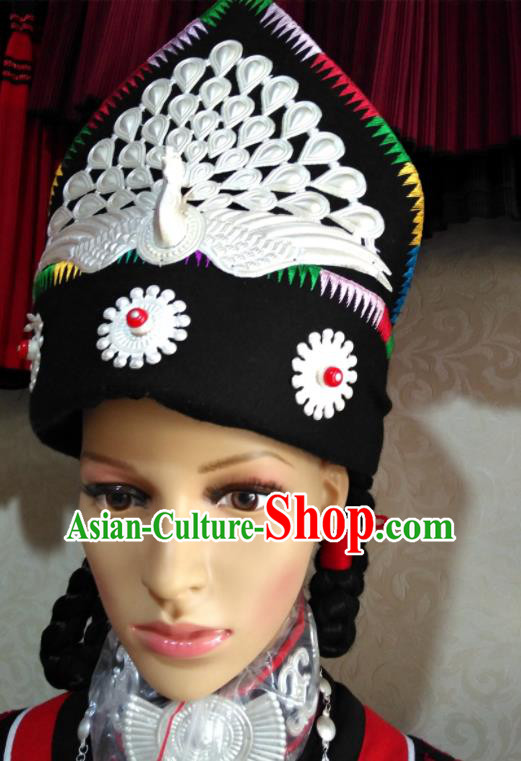 China Handmade Minority Folk Dance Hat Liangshan Ethnic Group Performance Silver Peacock Headdress Yi Nationality Female Headwear