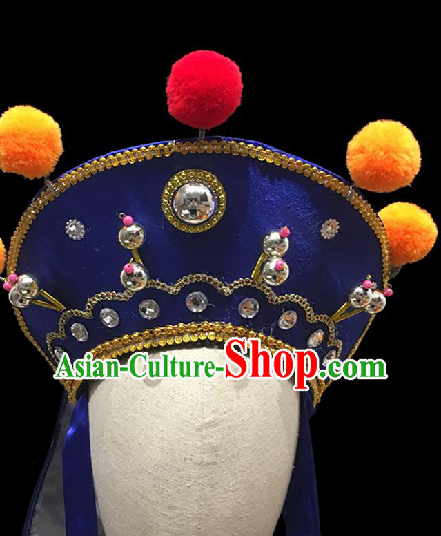 Chinese Beijing Opera Wusheng Blue Hat Handmade Opera Swordsman Headdress Ancient Imperial Bodyguard Helmet Headwear