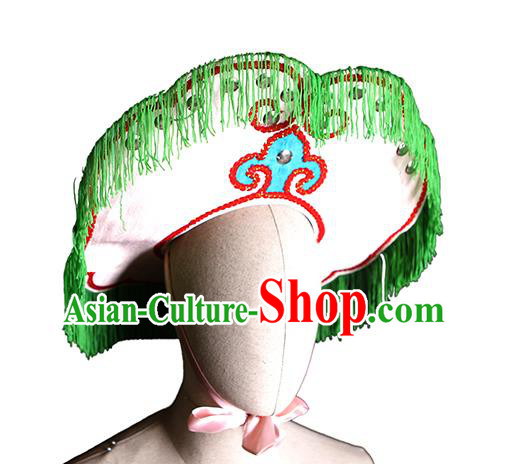 China Ancient Fisher Maiden Headdress Handmade Opera Actress Green Tassel Hat Peking Opera Village Girl Headwear