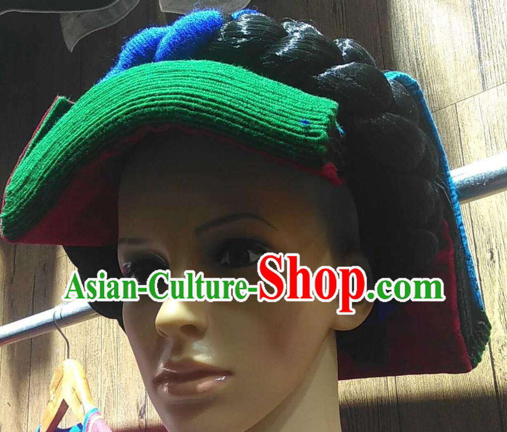 China Yi Minority Woman Folk Dance Cap Headdress Liangshan Ethnic Group Festival Braid Hairpieces Handmade Embroidered Tile Hat