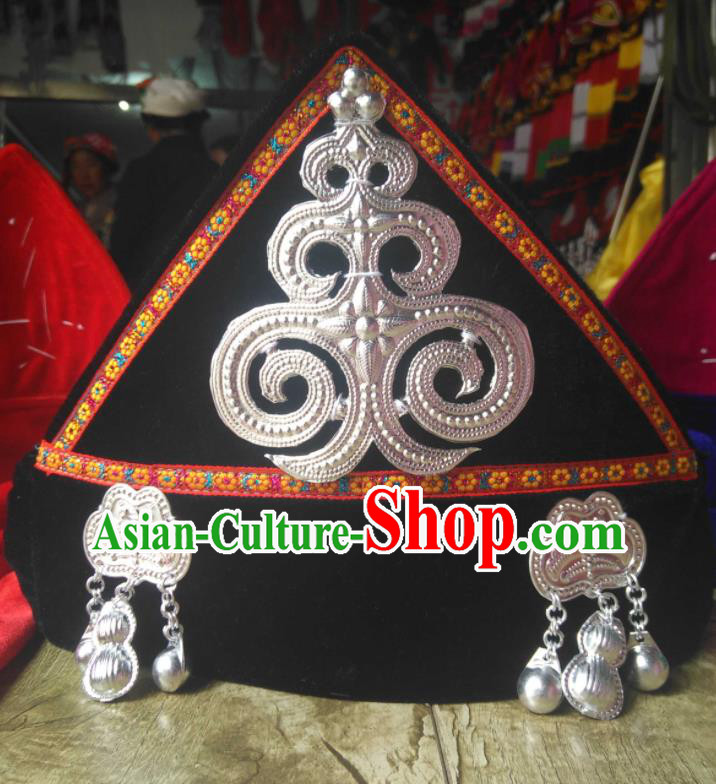China Liangshan Ethnic Group Girl Headwear Handmade Silver Tassel Black Hat Yi Minority Children Dance Headdress