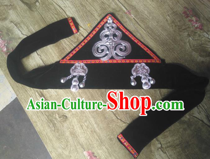 China Liangshan Ethnic Group Girl Headwear Handmade Silver Tassel Black Hat Yi Minority Children Dance Headdress