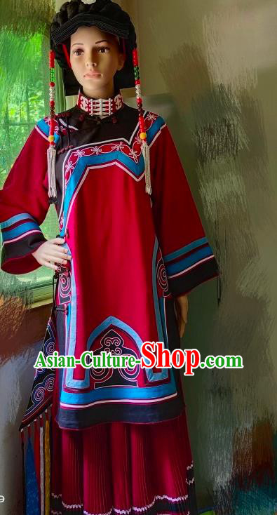 Chinese Yi Nationality Folk Dance Costumes Ethnic Wedding Bride Clothing Liangshan National Minority Woman Red Uniforms