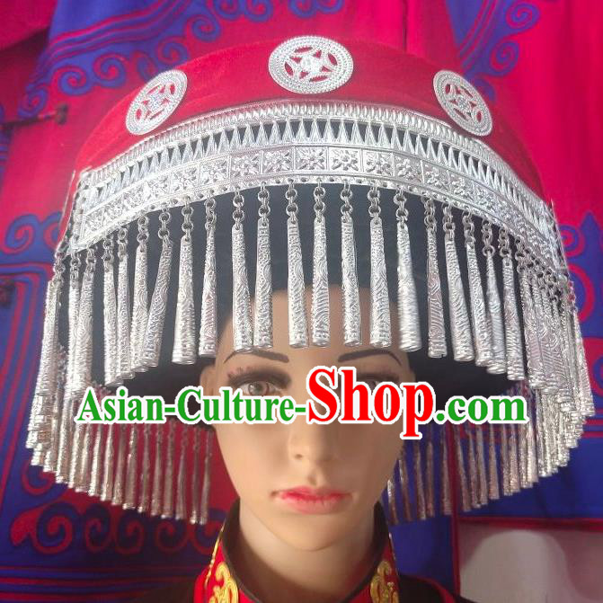 China Liangshan Ethnic Group Wedding Bride Headwear Handmade Silver Tassel Circular Hat Yi Minority Festival Headdress