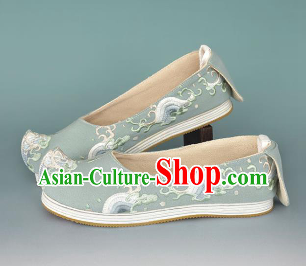 China Ancient Princess Shoes Traditional Hanfu Shoes Green Embroidered Shoes Handmade Cloth Shoes