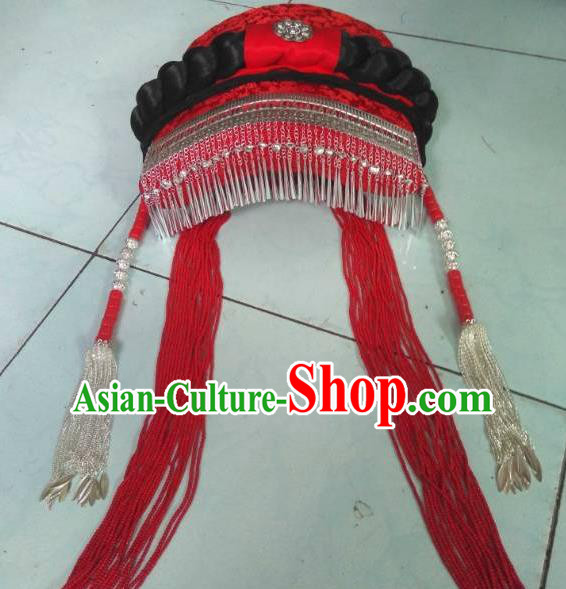 China Liangshan Ethnic Group Folk Dance Headwear Yi Nationality Female Headdress Handmade Minority Silver Tassel Tile Hat