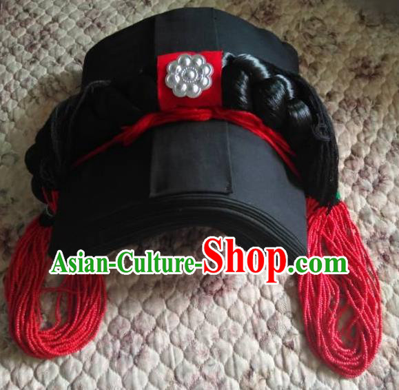 China Handmade Minority Wedding Bride Tile Hat Liangshan Ethnic Group Dance Performance Headdress Yi Nationality Woman Braid Hairpieces