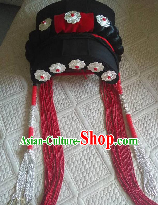 China Yi Nationality Woman Braid Hairpieces Handmade Minority Wedding Bride Tile Hat Liangshan Ethnic Group Dance Performance Headdress