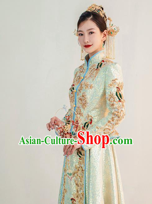 Chinese Ancient Bride Dress Classical Light Blue Xiuhe Suits Ceremony Toasting Clothing Traditional Wedding Garment Costumes