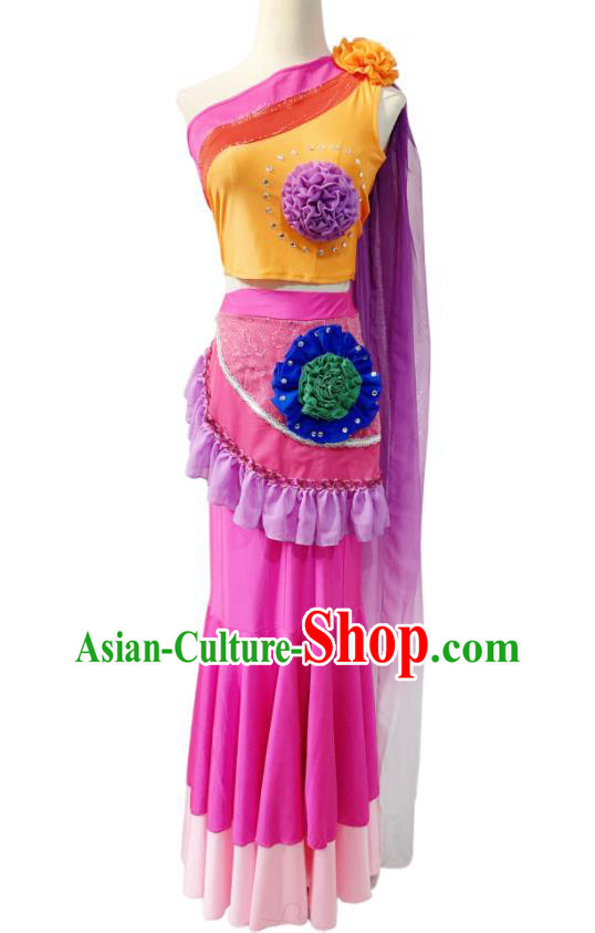 Chinese Dai Minority Dance Rosy Outfits Ethnic Stage Performance Garment Costumes Yunnan Nationality Peacock Dance Dress Clothing