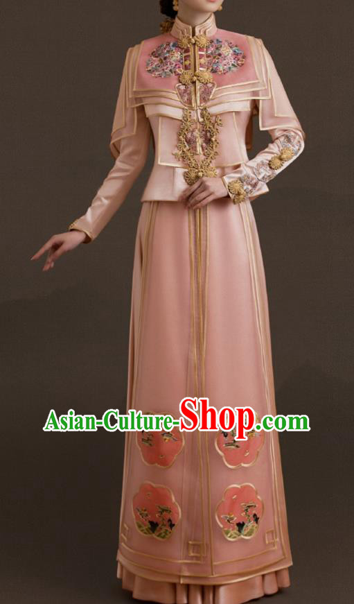 Chinese Wedding Ceremony Clothing Traditional Toasting Garment Costumes Ancient Bride Embroidered Dress Classical Pink Xiuhe Suits