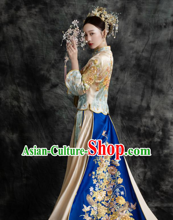 Chinese Traditional Embroidered Trailing Hanfu Dress Wedding Toasting Clothing Ancient Bride Garment Costumes Classical Champagne Xiuhe Suits